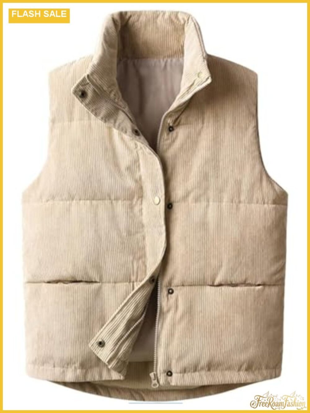 Womens Corduroy Puffer Vest Stand Collar Zip Snap Button Sleeveless Warm